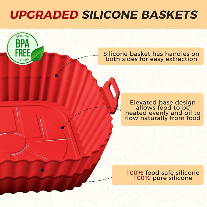 Buauty 3 Pack Air Fryer Silicone Liners 8inch, Reusable Food Grade Silicone Airfryer Liners, Baking Basket Accessories, Replacement of Flammable Disposable Parchment Paper