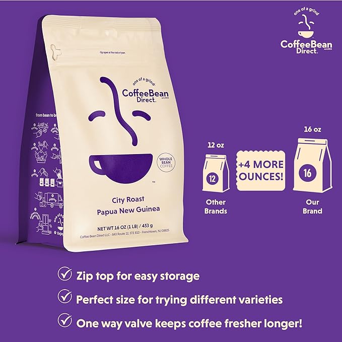 Coffee Bean Direct City Roast Papua New Guinea, Whole Bean Coffee, Arabica Coffee, Medium Roast, 1 Pound Bag (Pack of 1)