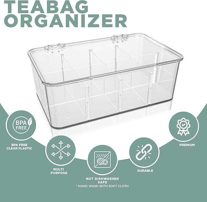 Utopia Home - Tea Bag Organizer With Lids, Clear Pantry Storage Box - (3 Pack) Stackable Partition Organizers or Holder With Lids For Drawers, Countertops, Fridge, Kitchen, Snack & Spice Organization