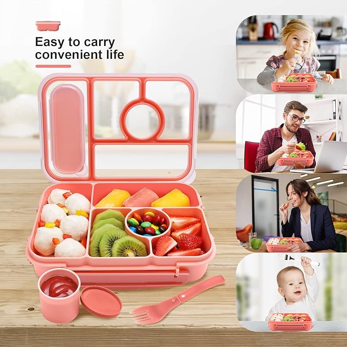 Bento Box Adult Lunch Box Kids,Lunch Containers for Adults/Kids/Toddler,5 Compartments Bento Lunch Box with Sauce Vontainers,Microwave & Dishwasher & Freezer Safe,BPA-Free(Pink)