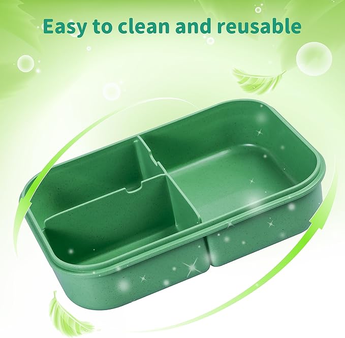 Wheat Straw Adult Lunch Box, Leakproof Bento Box for Kids, BPA-Free Microwave Safe Lunch Containers with 3 Compartments (Green, 5.5 cup)