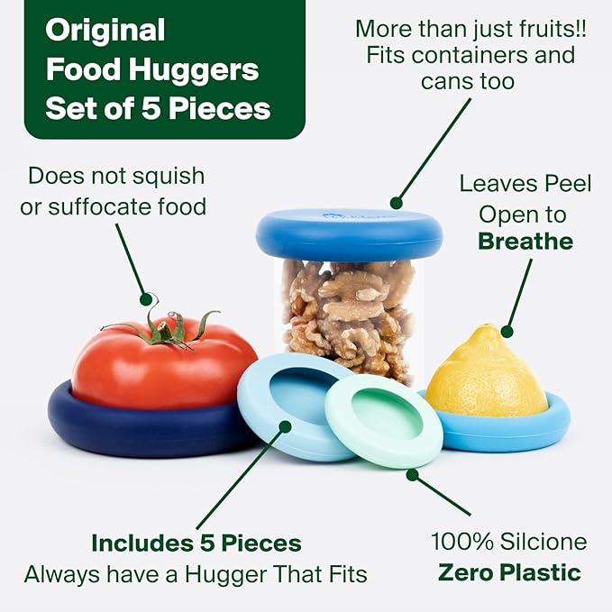 Food Huggers 5pc Reusable Silicone Food Savers | BPA Free & Dishwasher Safe | Fruit & Vegetable Produce Storage for Onion, Tomato, Lemon, Banana, Cans & More | Round, Ice Blue
