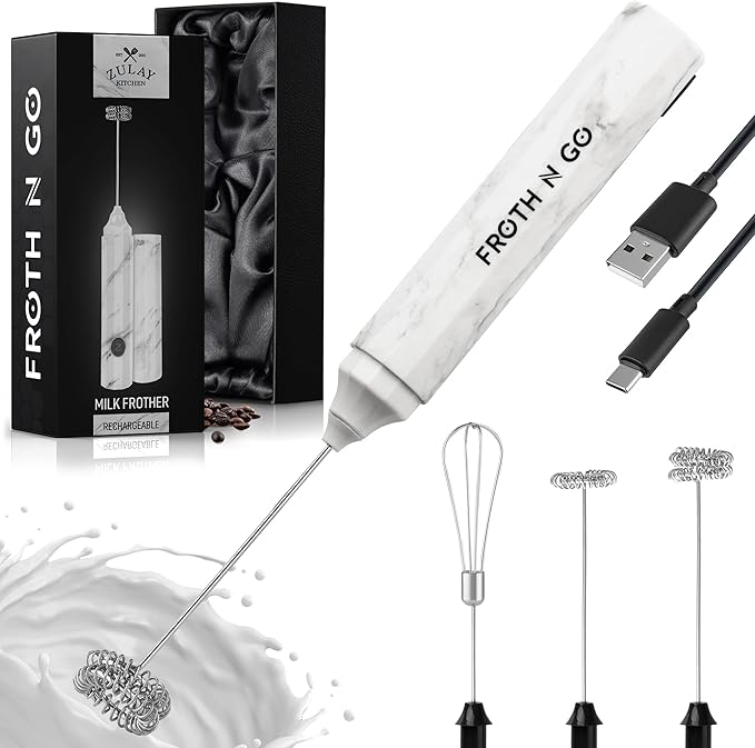 Zulay Froth N Go Milk Frother – Rechargeable 3-in-1 Handheld Frother Wand with Travel Case & USB-C Charger – Single, Double & Egg Whisk for Latte, Cappuccino, Matcha, Protein Shakes – White Marble