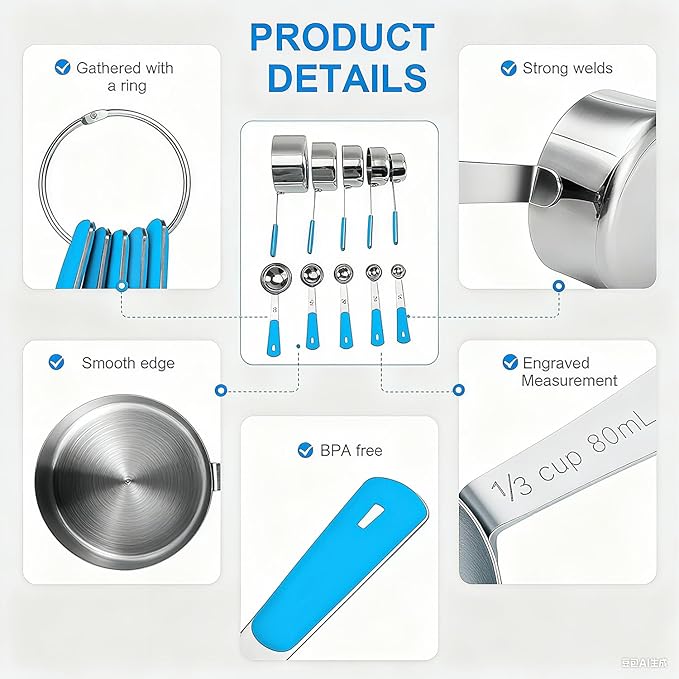 Measuring Cups and Spoons Set Stainless Steel 10 Piece for Cooking and Baking (5 Cups + 5 Spoons, Light Blue Handle)