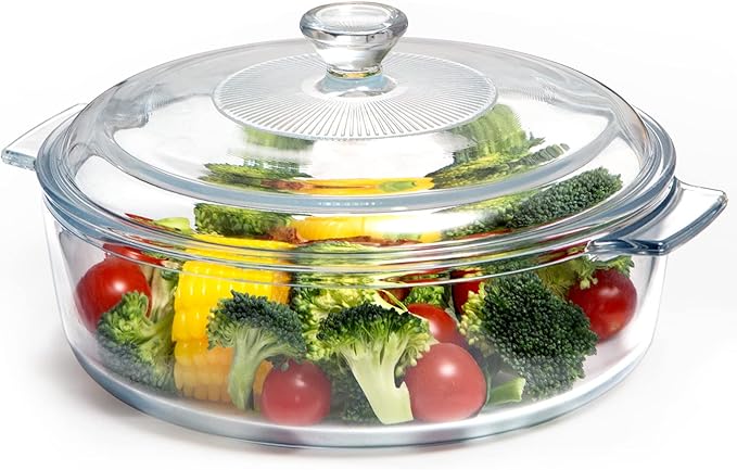 NUTRIUPS Small Glass Casserole Dish with Lid Oven Safe Covered Round Casserole Dish 8" Glass Microwavable Bowl With Lid Microwavable Cookware (Small-1.7L)