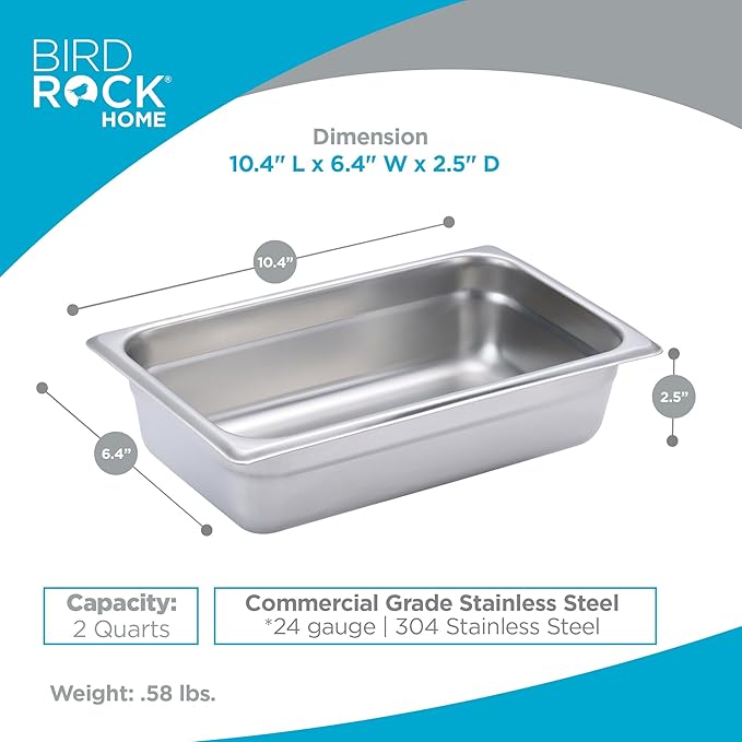 BIRDROCK HOME Stainless Steel Steam Table Pan - Hotel, Restaurant & Catering Supplies - 24 Gauge Steel, 2 qt Capacity - Meal Prep, Cooking, & Food Storage Container - 2.5" Depth, 1/4-Size (6 Pack)