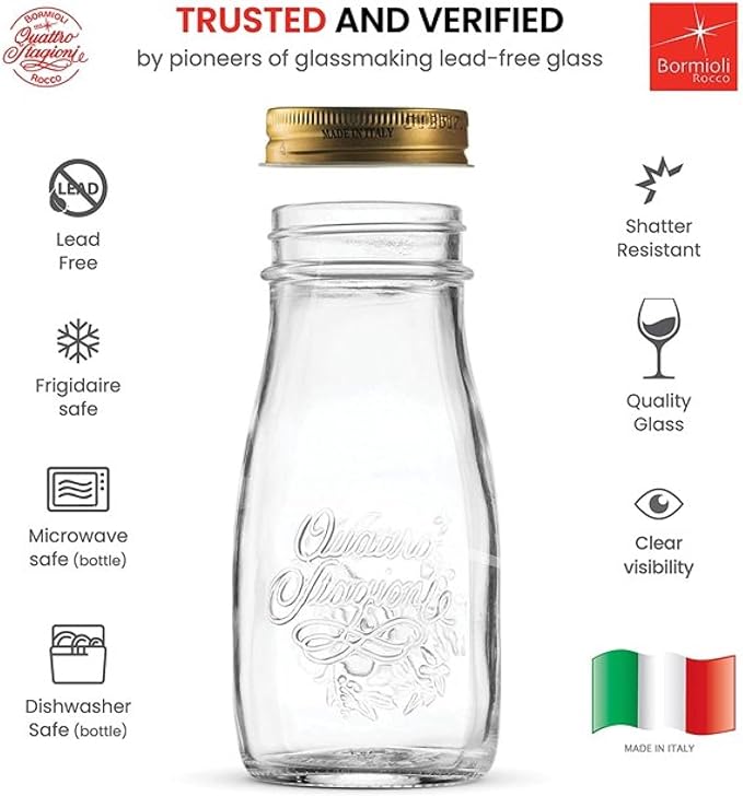 Bormioli Rocco Quattro Stagioni, Glass Canning Jar and Drinking Bottle, 13.5 Oz. with Gold Metal Airtight Lid, Made in Italy.