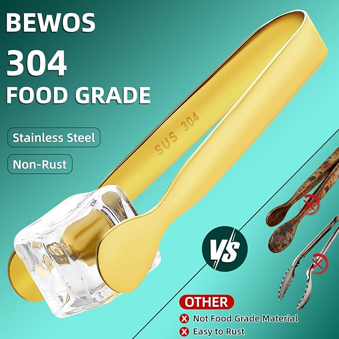 BEWOS 12Pcs Mini Serving Tongs - 4.3 Inch 304 Stainless Steel Ice Tongs, Gold Serving Tongs for Charcuterie Boards Accessories Serving, Coffee Bar, Tea Party, Desserts Banquet and Ice Bucket