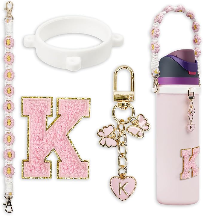 Cute Letter Charm Set Compatible with Owala Water Bottle 24 oz, 32 oz, 40 oz, Owala Kids, Owala Coffee Tumbler, Owala FreeSip – Includes Handle Strap, for Owala Accessories & Stanley Cup Accessories