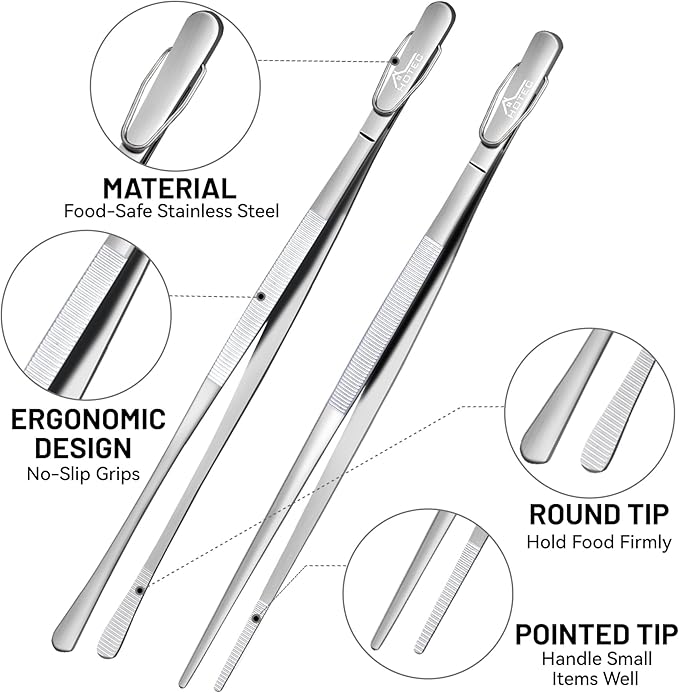 HOTEC Kitchen Tweezers Tongs Stainless Steel Professional Chef Tweezers, Set of 2-12inch Extra-Long Food Tongs for Cooking,Grill and Baking