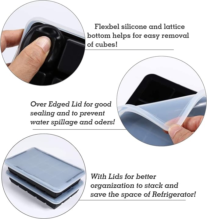 LessMo Ice Cube Tray with Lid 2 Pack, Silicone Ice Cube Molds, Easy Release 15 Square Ice Cube per Tray, BPA Free Flexible Reusable Stackable for Freezer, Whiskey, Chocolate, Baby Food, Juices, Black