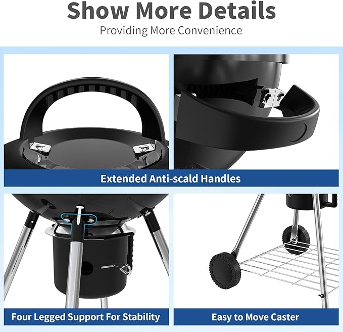 18.5-Inch Portable Charcoal Grill, Heavy Duty Kettle BBQ Smoker with Built-in Thermometer & Removable Water-Rinsable Ash Catcher for Outdoor Camping, Patio, Backyard, and Tailgating