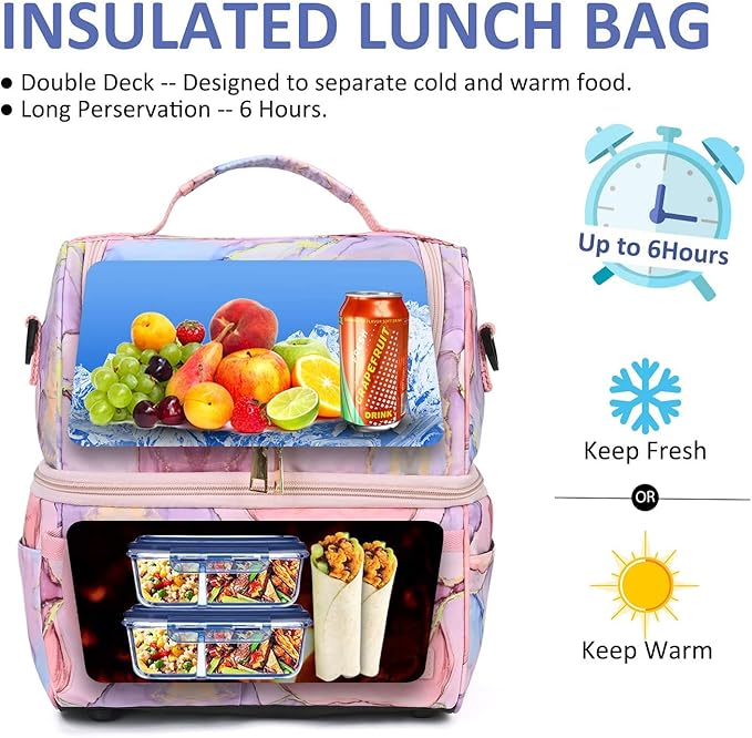 LOKASS Lunch Box for Women-Double Deck Insulated Adults Lunch Bag with Removable Shoulder Strap- Cute Wide Open Lunch Tote for Work/Office/Picnic/Beach/Travel (Pink)