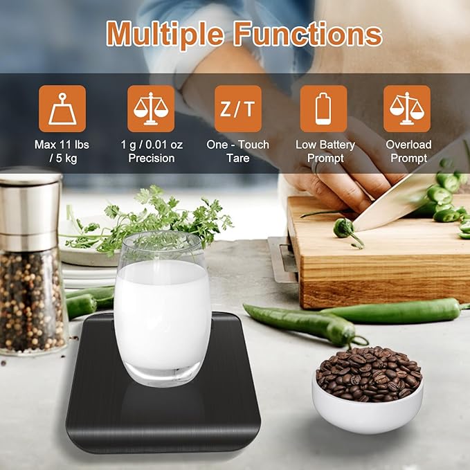 CROWNFUL Food Scale, 11 lb Digital Kitchen Scales with Built-in Coin Battery, Weight Ounces and Grams for Cooking and Baking, 6 Units with Tare Function, LCD Display, 304 Stainless Steel, Black