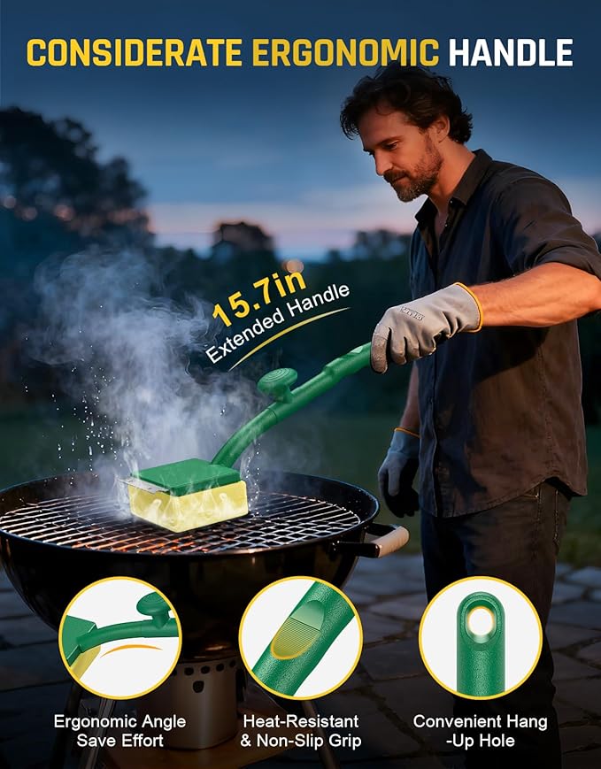 Steam Grill Brush Bristle Free for Outdoor Grill, BBQ Grill Cleaning Brush with Scraper & Cleaning Pad, 15.7" Extra Long Safe Grill Cleaner, Barbecue Brush for Cast Iron/Stainless-Steel Grates
