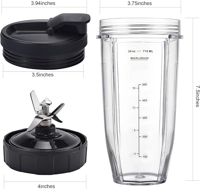 [Upgraded] Replacement 24oz Cups for Nutri Ninja Blenders, Cups with 7 Fins Replacement Extractor Blade Parts fit Ninja Auto iQ BL682-30 BL642-30 BL450-30 BL455-30 BL456-30 BL482-30 BL687CO-30 etc.