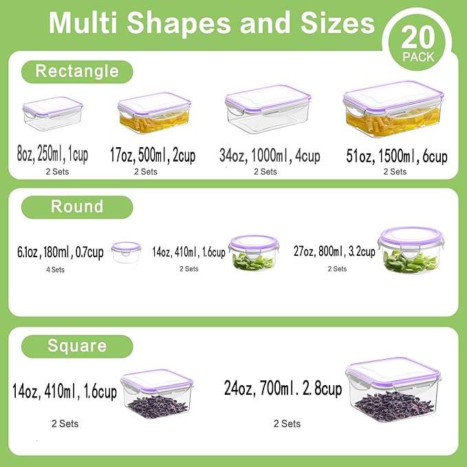 HOMBERKING 40 Pieces Food Storage Containers Set with Snap Lids (20 Lids + 20 Containers), Meal Prep Airtight Plastic Containers, BPA-Free Lunch Box for Kitchen, Pantry, Home, Purple