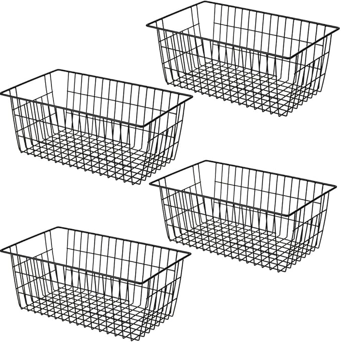 SANNO Freezer Basket Organizer, Refrigerator Metal Wire Storage Divider, Household Container Bins with Handles for Kitchen, Bathroom, Office, Camping, Black,Set of 4