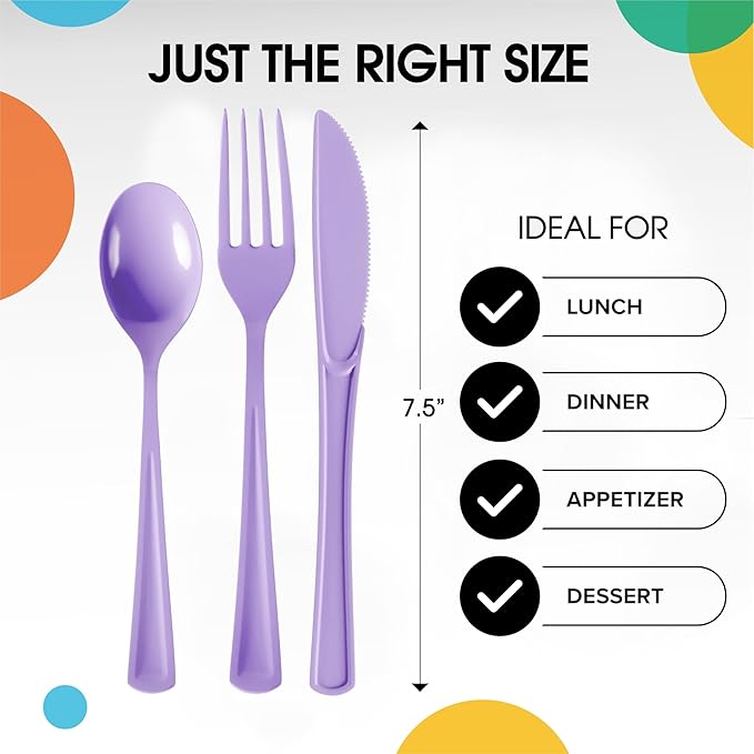 Party Solids Lavender Plastic Silverware Heavy Duty 300 Pieces Lavender Plastic Cutlery Sets, Utensil Sets, 100 Of Each Forks, Knives & Spoons Disposable Cutlery Set, Flatware Set For Party Supplies