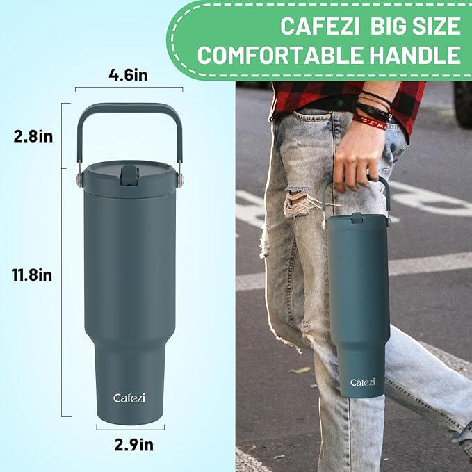 50 oz Insulated Tumbler with Straw, Stainless Steel Water Bottles with Flip Straw and Top Handle, Leak Proof Flip, No Sweat, Fits in Cup Holder, Vacuum Insulated Cup for Home, Outdoors, Car