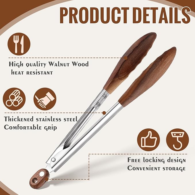 Baderke 2 Pcs Walnut Wooden Kitchen Tongs for Cooking Wooden Utensil Set Salad Tongs with Wood Tips for Serving Salad Flipping Burgers Grilling and Much More, Set of 2, 11.4 Inch