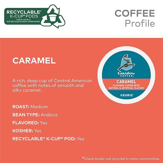 Caribou Coffee Caramel Flavored Coffee, Single Serve Keurig K-Cup Pods, Medium Roast Coffee, 96-Count Box (Pack of 4)