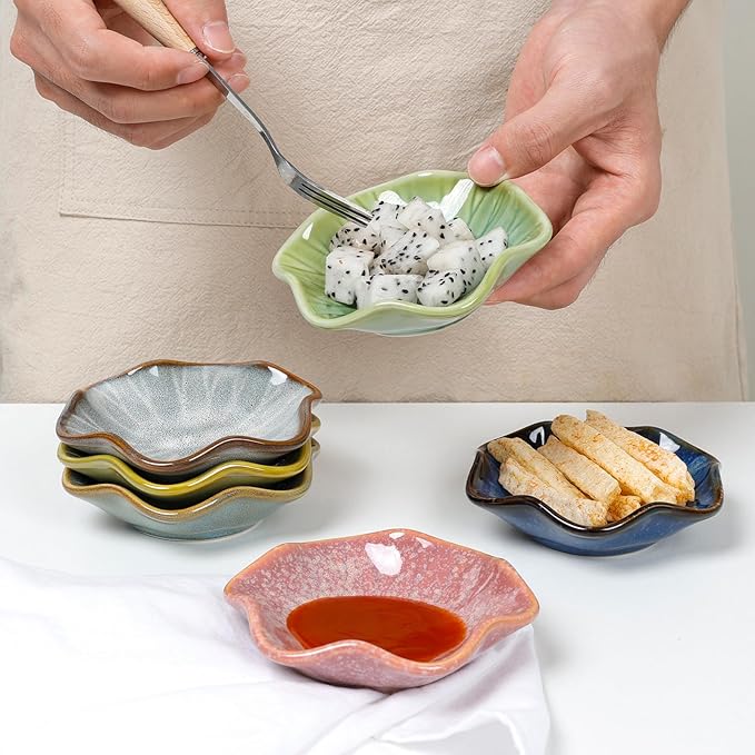 Dipping Bowls Set of 6, Ceramic Soy Sauce Dishes, 2 oz Dipping Sauce Cups, chrysanthemum Round Small Side Dish Dishes for Dipping Sushi Tomato Soy Sauce Dish Condiment Finger Bowls