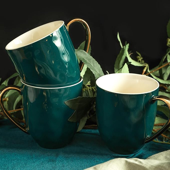 Stone Lain Florian Modern Porcelain 16 Piece Dinnerware Set, Plates and Bowls Set, Dish set for 4, Green and Golden Rim