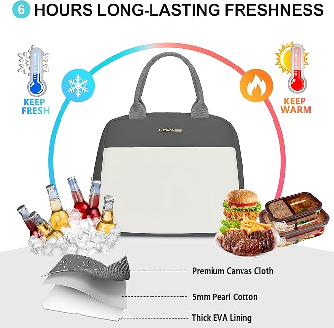 LOKASS Lunch Bag for Women-Insulated Adults Lunch Box with Front Pocket- Small Cute Lunch Tote for Work-Reusable Cooler Bag for Office Picnic Beach or Travel (Dark Grey)