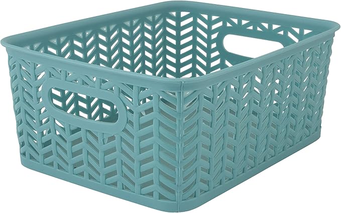 Simplify 3 Pack Small Herringbone Storage Basket, Dimensions: 10"x8"x4", Herringbone Design, Light Weight, Great for Bathroom, Kitchen, Office, Closet, 2 Open Handles, Dusty Blue
