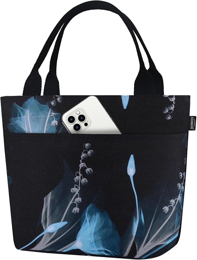 Aosbos Lunch Tote Bag, Insulated Lunch Box for Women, Leakproof Lunch Cooler Purse for Work, Black Dream Flower