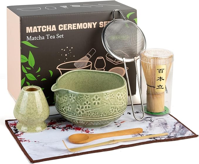 Matcha Whisk Set - Ceramic Matcha Set Includes Matcha Bowl, Whisk and Holder, Bamboo Scoop, Scoop Rest, Sifter and Tea Towel - 7 Pcs Ceremonial Gift Kit for Matcha Lovers (Floral Green)