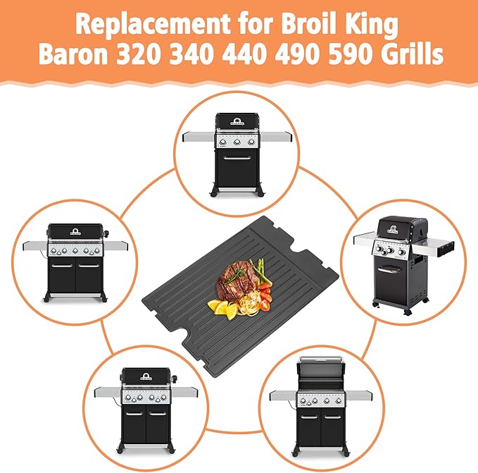 2-in-1 Reversible 17.48” x 12.48” Pre-Seasoned 11242 Cast Iron Griddle for Broil King Baron, Crown, Crown Pellet Series Grill, Flat Griddle Top Plate for Gas Stove/Charcoal/Electric/Propane/Gas Grill