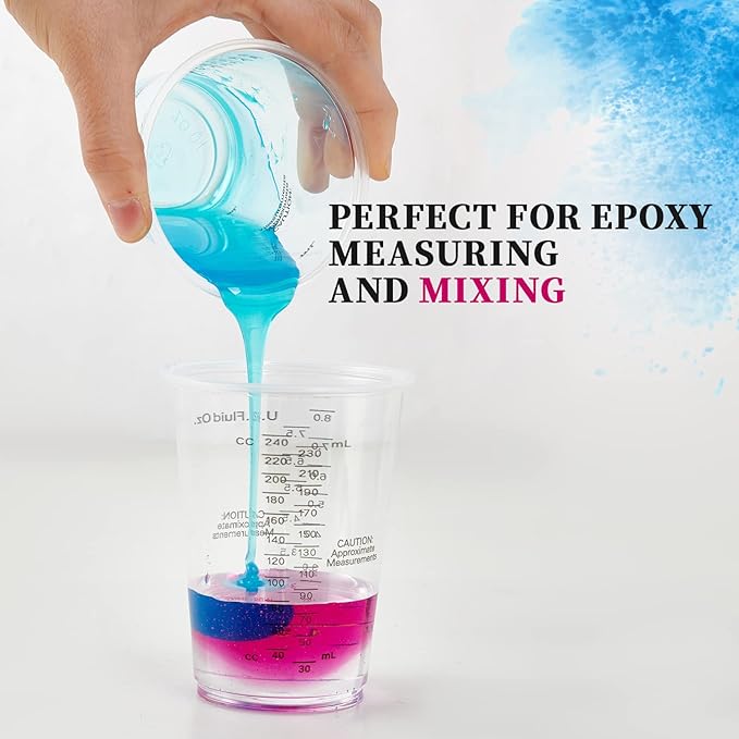 200 PACK Plastic Measuring Cups, 8 oz Disposable Mixing Cups with 100 Wooden Mixing Sticks, Can Be Used for Epoxy Resin, Liquid Measuring, Paint, Cooking and Baking