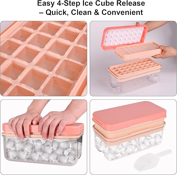 Ice Cube Tray with Lid and Bin, BPA Free Ice Maker for Freezer - 64 Grids Layerable Ice Cube Molds with Scoop & Container - Easy Release Ice Tray for Drinks, Cocktails, Whiskey, Mini Ice Cube Maker