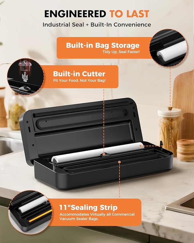 Vacuum Sealer for Food, 95kPa Food Vacuum Saver Sealer Machine, 120W 12L/min Fast-Sealing with Auto Tear-Cut,Digital Timer, Built-in Cutter, Bag Storage and One Bag Roll, 9-in-1 Compact Vacuum Sealer