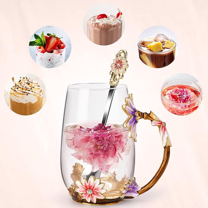 OEAGO Purple Gifts for Women Mom Mothers Day Glass Coffee Enamels Mug Best Birthday Flower Gifts for Her from Daughter Son Lead-Free Christmas Tea Cup with Spoon Set