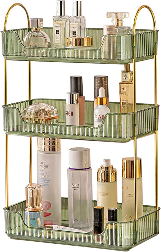 Bathroom Counter Organizer - Countertop Storage, Cosmetics & Skincare Shelf, Makeup & Perfume Organizer, Spice Rack for Kitchen (3 Tier - Green)