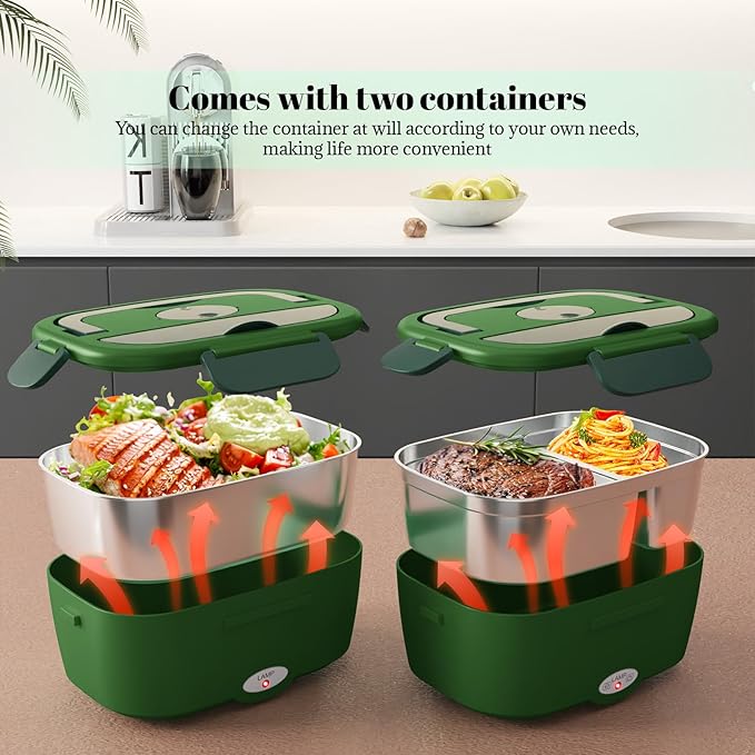 Heated Lunch Box for Men&Women - 80W Electric Lunch Box for Adults with Dual 1.5L 304 Stainless Steel Containers Fast Heating Portable Food Warmer for Car&Truck lonchera eléctrica portátil
