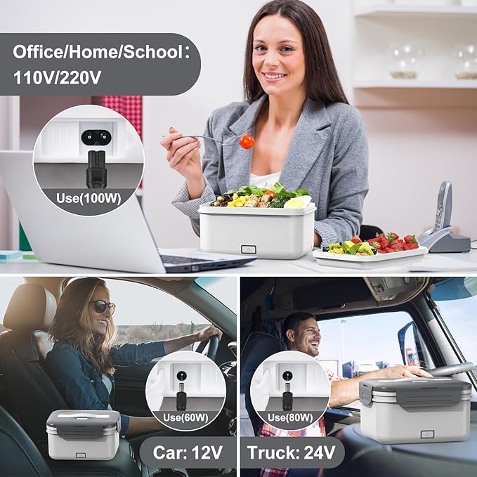 Electric Lunch Box Food Heater 100W, 4 in 1 Ultra Quick Heated Lunch Boxes for Adults 12V/24V/110V/220V Portable Food Warmer for Car/Truck/Office With Fork Spoon and Insulated Carry Bag
