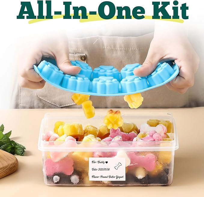 4 Pack Silicone Dog Treat Molds with Container and Ice Tong, Non-stick Puppy Paw and Bone Shaped Set with Bin, Silicone Mold for Pupsicle, Chocolate, Gummy, Candy, Baking, Jelly, Ice Cube, Pudding
