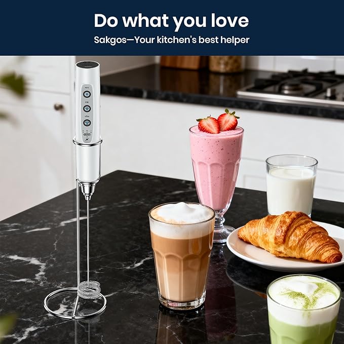Milk Frother with Stand Rechargeable-Handheld Coffee Frother with 3 Stainless Whisks 3 Speed Adjustable, Electric Whisk Drink Mixer, Foam Maker Blender for Matcha Latte Cappuccino Chocolate
