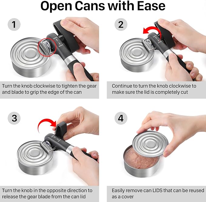 Can Opener, Safe Side Cut Manual Can Opener with Durable Sharp Blade, Smooth Edge Cutting, Effortless Big Knob, Comfortable Grip Handle, Black