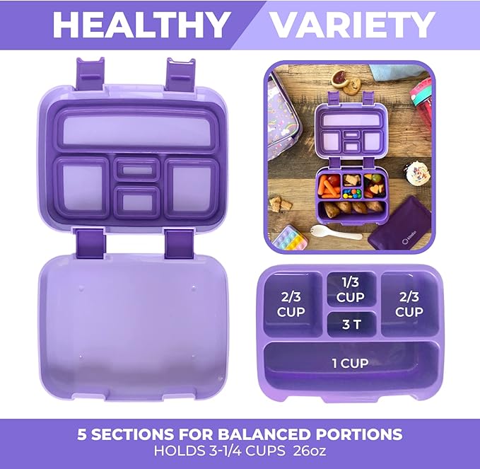 Bento Box with Insulated Lunch Bag, Ice Pack & Water Bottle Set for Kids - 5 Compartments, Lunches or Snack Container Girls, Toddlers Daycare Pre-School, Kindergarten Purple Unicorn
