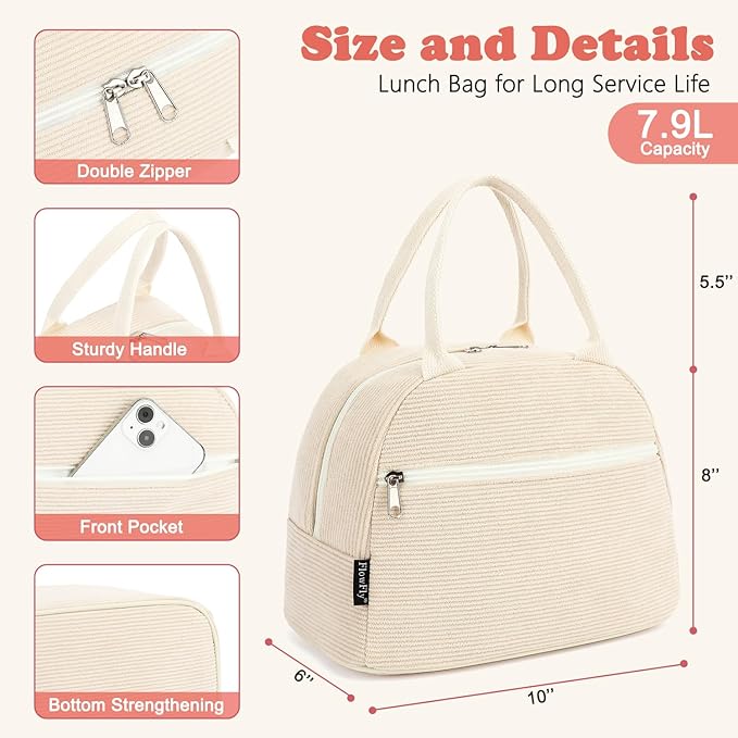 FlowFly Lunch Bag for Women Insulated Lunch Box Corduroy Lunch Tote Cooler for Travel Work Picnic,Corduroy Beige
