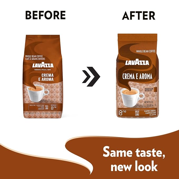 Lavazza Crema e Aroma Whole Bean Coffee, Medium Roast, Arabica and Robusta Blend, 2.2 lb Bag (Pack of 6)