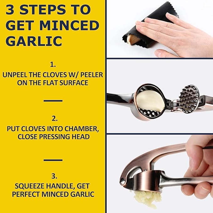 Premium Garlic Press Stainless Steel - Elevate Your Culinary Experience with Our Premium Garlic Mincer, Crusher & Peeler Set, Dishwasher Safe & Rust-proof (Bronze)