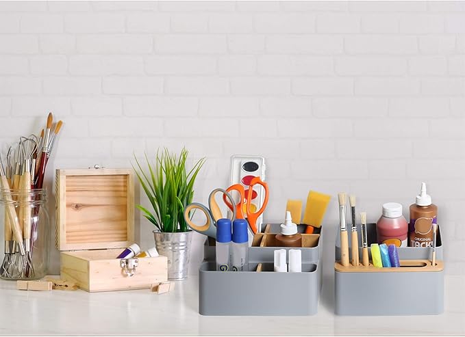 Seville Classics Bamboo Premium Organizer Storage Bins for Kitchen Silverware, Pantry, Closet, Office Desk, Pens, Utensils, Makeup, K Cup, Bamboo/Gray, Desk Caddy