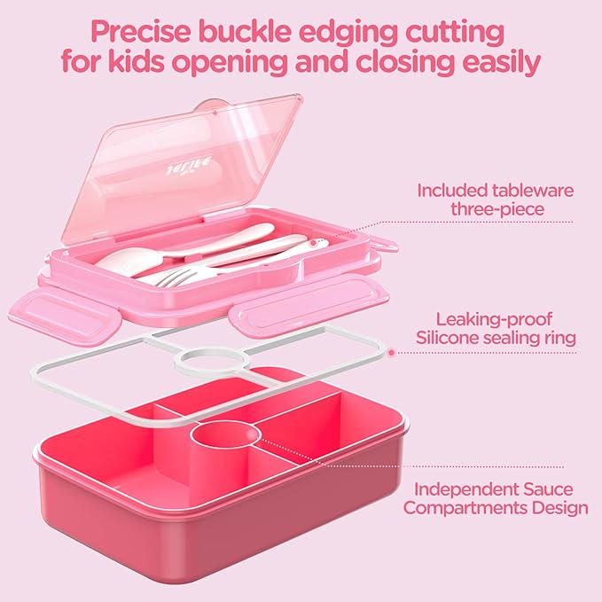 Jelife Kids Lunch Bento Box, Large Bento-Style Leakproof Boxes 4 Compartments Girls Snack Containers with Tableware for Back to School, Reusable On-the-Go Meal and Packing, Pink