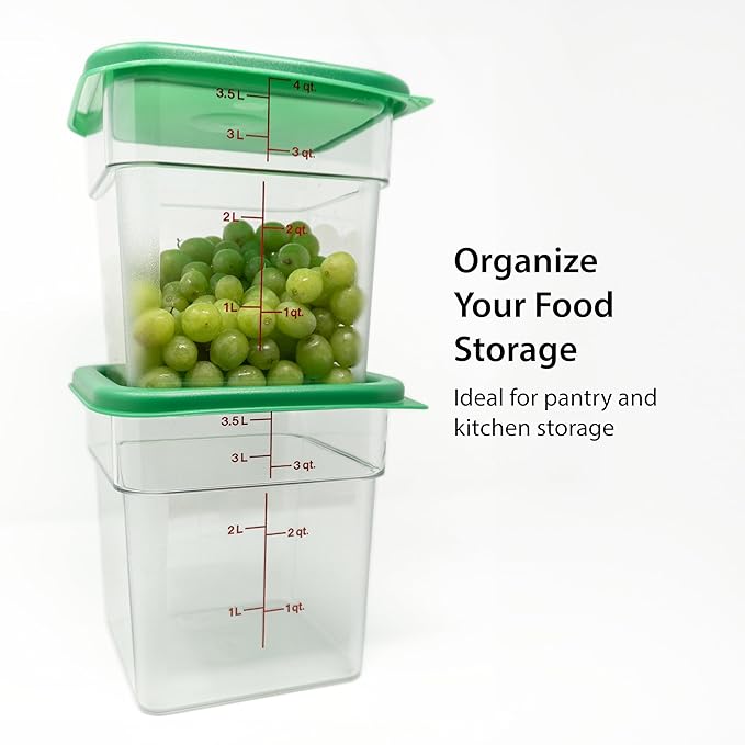 Cambro Food Storage Container with Lid (2 Pack) - Classic Series Square with Green Lid - 4 QT (Quart) - Commercial Grade for Food Prep (Clear)